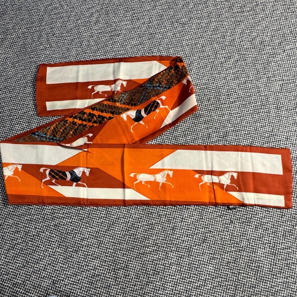Equestrian Horse Print Skinny Scarf Orange Rust White Twilly Bag Accessory 36x4